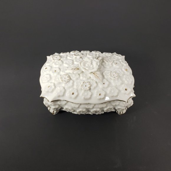 Collectible Ardalt Japan White Ceramic Jewelry Box with Roses and Gold Accents - Picture 3 of 8